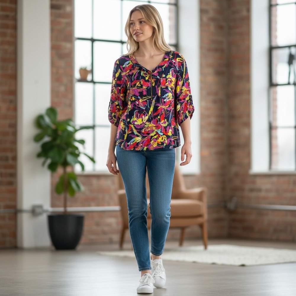 Ellen Tracy Linen Blouse Womens 3X Multi Color Floral Zipper Tassel Top